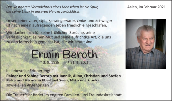 Traueranzeige von Erwin Beroth von Schwäbische Post