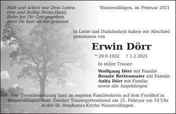 Traueranzeige von Erwin Dörr von Schwäbische Post
