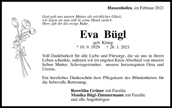 Traueranzeige von Eva Bügl von Gmünder Tagespost