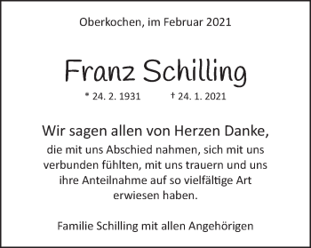 Traueranzeige von Franz Schilling von Amtsblatt_Oko