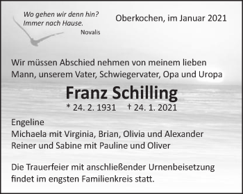 Traueranzeige von Franz Schilling von Schwäbische Post