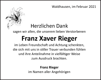 Traueranzeige von Franz Xaver Rieger von Schwäbische Post