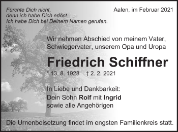 Traueranzeige von Friedrich Schiffner von Schwäbische Post