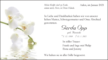 Traueranzeige von Gerda Opp von Schwäbische Post