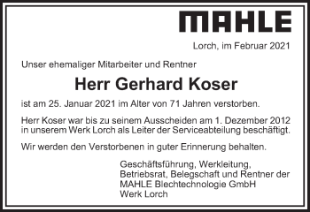 Traueranzeige von Gerhard Koser von Gmünder Tagespost