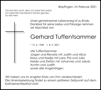 Traueranzeige von Gerhard Tuffentsammer von Schwäbische Post