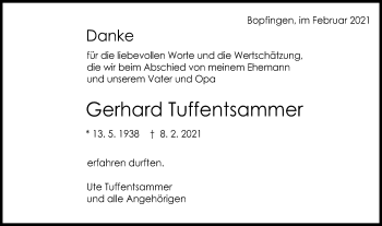 Traueranzeige von Gerhard Tuffentsammer von Schwäbische Post