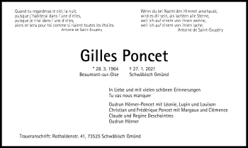 Traueranzeige von Gilles Poncet von Gmünder Tagespost