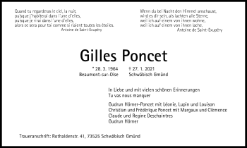 Traueranzeige von Gilles Poncet