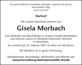 Traueranzeige von Gisela Morbach von Schwäbische Post