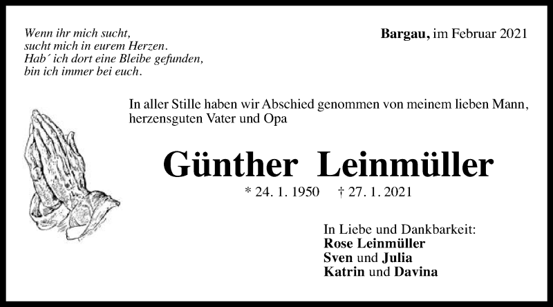  Traueranzeige für Günther Leinmüller vom 18.02.2021 aus Gmünder Tagespost
