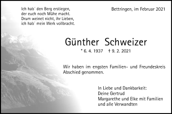 Traueranzeige von Günther Schweizer von Gmünder Tagespost
