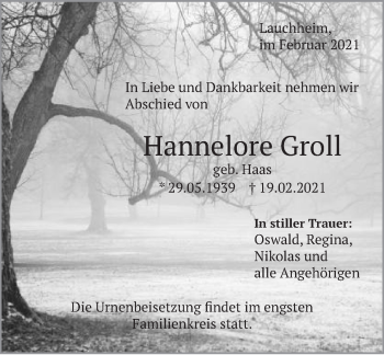 Traueranzeige von Hannelore Groll von Schwäbische Post