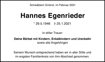 Traueranzeige von Hannes Egenrieder von Gmünder Tagespost