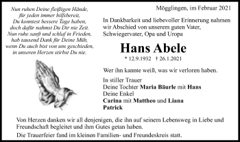 Traueranzeige von Hans Abele von Gmünder Tagespost