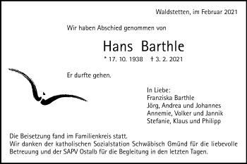 Traueranzeige von Hans Barthle von Gmünder Tagespost