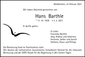 Traueranzeige von Hans Barthle