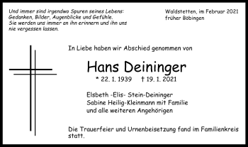 Traueranzeige von Hans Deininger von Gmünder Tagespost