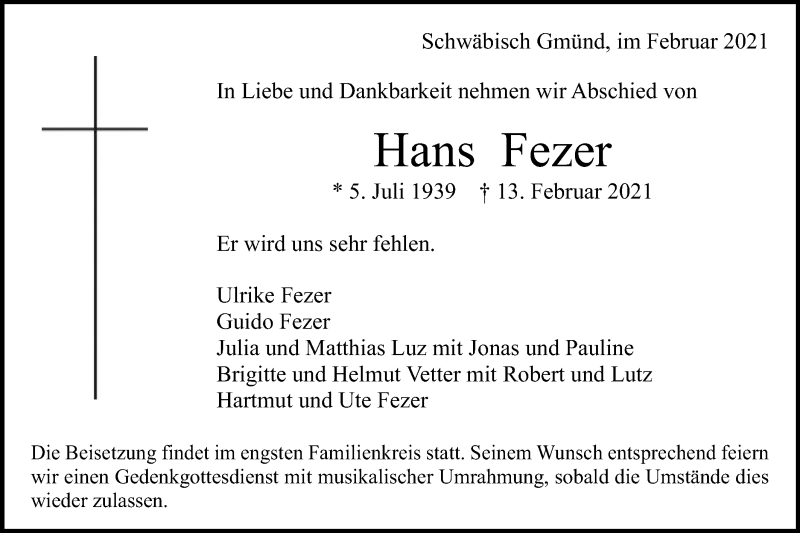  Traueranzeige für Hans Fezer vom 18.02.2021 aus Gmünder Tagespost