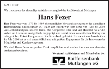 Traueranzeige von Hans Fezer von Gmünder Tagespost