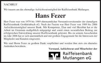 Traueranzeige von Hans Fezer