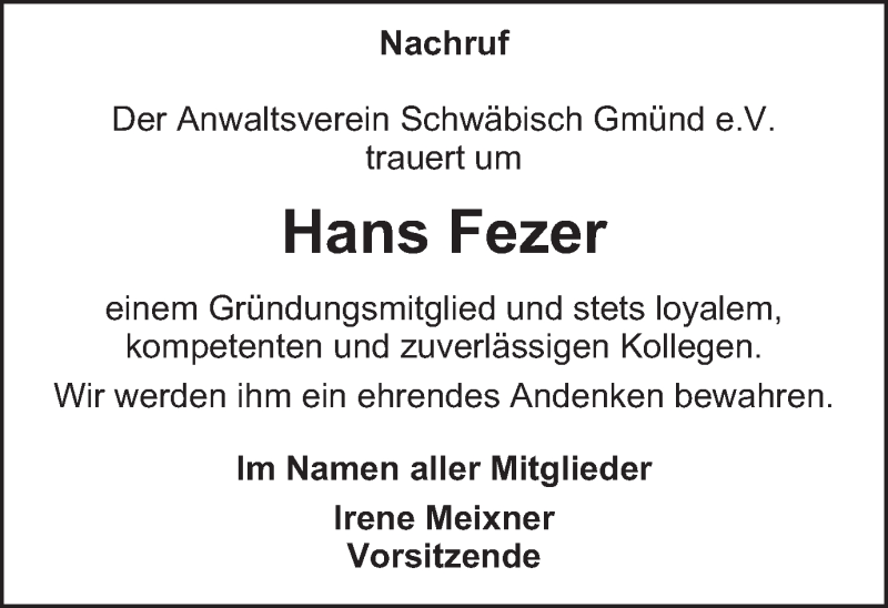 Traueranzeige für Hans Fezer vom 19.02.2021 aus Gmünder Tagespost