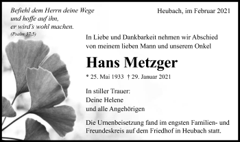 Traueranzeige von Hans Metzger von Gmünder Tagespost
