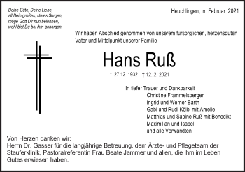 Traueranzeige von Hans Ruß von Gmünder Tagespost