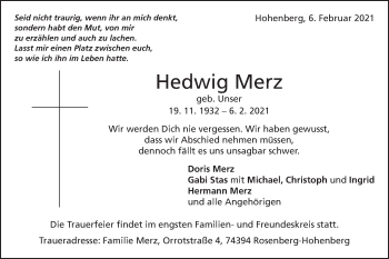 Traueranzeige von Hedwig Merz von Schwäbische Post
