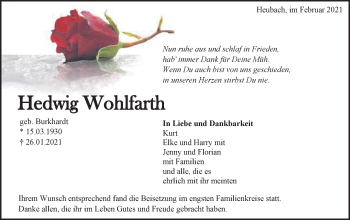 Traueranzeige von Hedwig Wohlfarth von Gmünder Tagespost