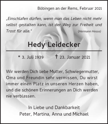 Traueranzeige von Hedy Leidecker von Gmünder Tagespost