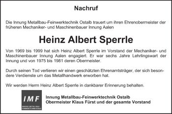 Traueranzeige von Heinz Albert Sperrle von Schwäbische Post
