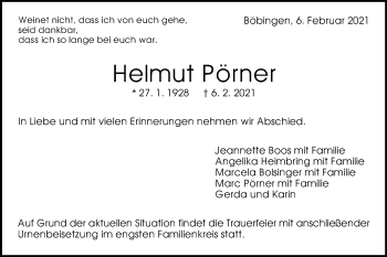Traueranzeige von Helmut Pörner von Gmünder Tagespost