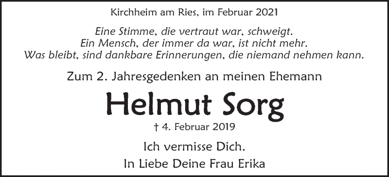  Traueranzeige für Helmut Sorg vom 04.02.2021 aus Schwäbische Post