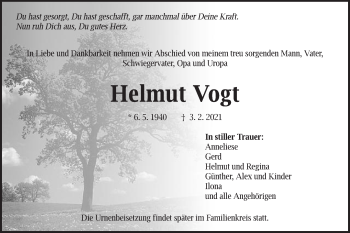 Traueranzeige von Helmut Vogt von Schwäbische Post