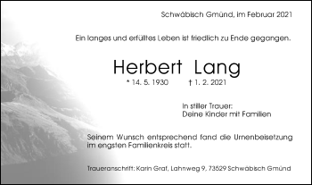 Traueranzeige von Herbert Lang von Gmünder Tagespost
