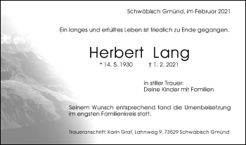 Traueranzeige von Herbert Lang