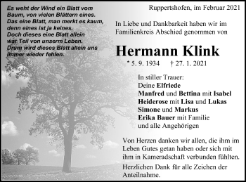 Traueranzeige von Hermann Klink von Gmünder Tagespost