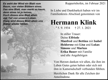 Traueranzeige von Hermann Klink