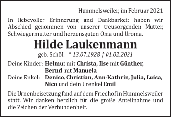 Traueranzeige von Hilde Laukenmann von Schwäbische Post