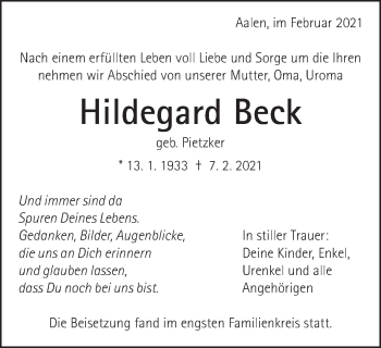 Traueranzeige von Hildegard Beck von Schwäbische Post