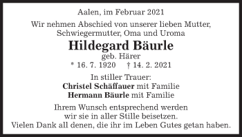 Traueranzeige von Hildegard Bäurle von Schwäbische Post