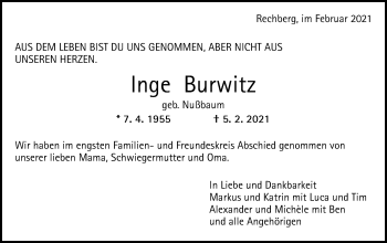 Traueranzeige von Inge Burwitz von Gmünder Tagespost