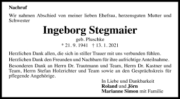 Traueranzeige von Ingeborg Stegmaier von Gmünder Tagespost