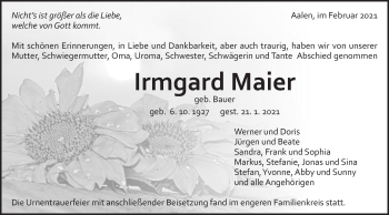 Traueranzeige von Irmgard Maier von Schwäbische Post
