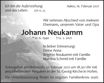 Traueranzeige von Johann Neukamm von Schwäbische Post