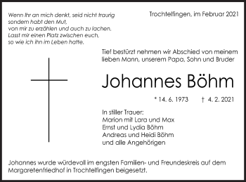 Traueranzeige von Johannes Böhm von Schwäbische Post