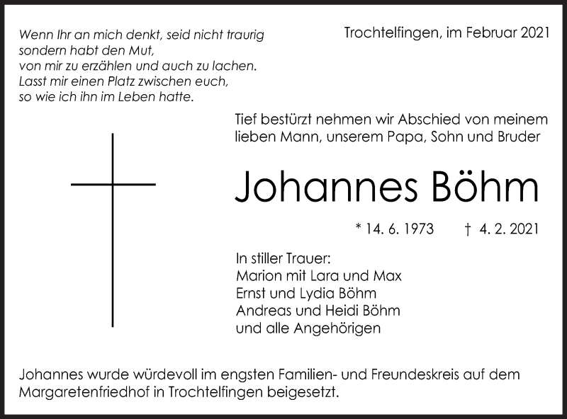  Traueranzeige für Johannes Böhm vom 13.02.2021 aus Schwäbische Post