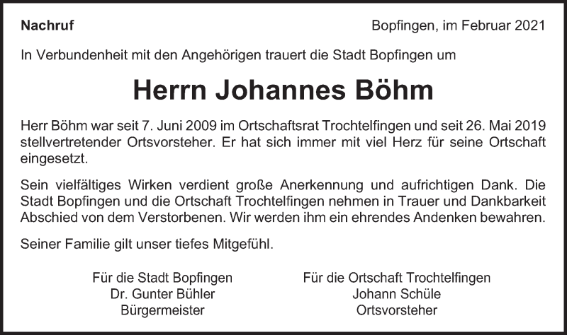  Traueranzeige für Johannes Böhm vom 09.02.2021 aus Schwäbische Post