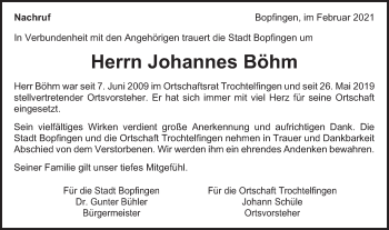 Traueranzeige von Johannes Böhm von Bopfinger Stadtanzeiger